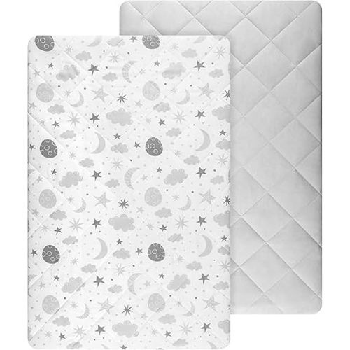 TILLYOU Pack and Play Sheets Pad 2 Pack - Waterproof Play Yard Playpen Sheets Pad, Soft Quilted Sheets with 1''-3'' Deep Pocket, Breathable and Fluffy, 39"x27",Print & Light Grey