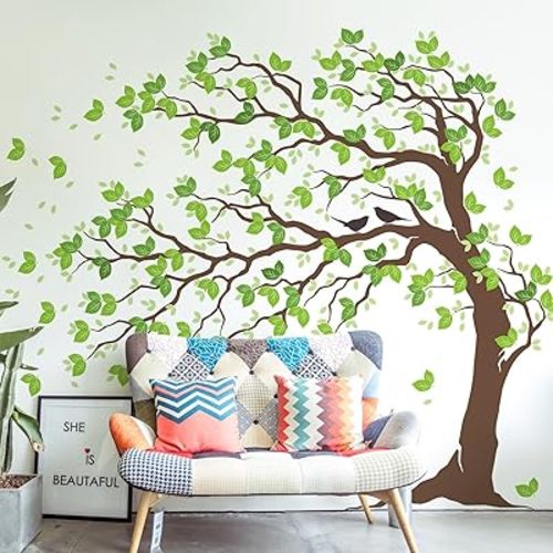 AM AMAONM 74.8x59 Inch Large Watercolor Tree Wall Decals - Peel & Stick Wall Stickers, DIY Removable Wall Art for Kids Living Room, Bedroom, Nursery Decor (Brown Trunk Green Leaves)
