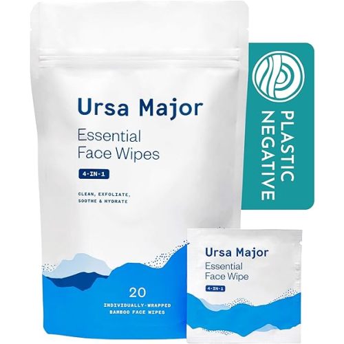 Ursa Major Essential Face Wipes | Natural, Biodegradable, Cruelty-Free | Cleanse, Exfoliate, Soothe and Hydrate | Individually Wrapped | 20 Count