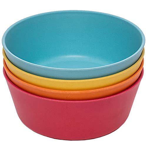 WeeSprout Bamboo Kids Bowls, Set of Four 10 oz Kid-Sized Dinnerware, Cereal, Leftovers & Snack Bowl, Dishwasher Safe (Blue, Yellow, Orange, & Red, 10 Oz)