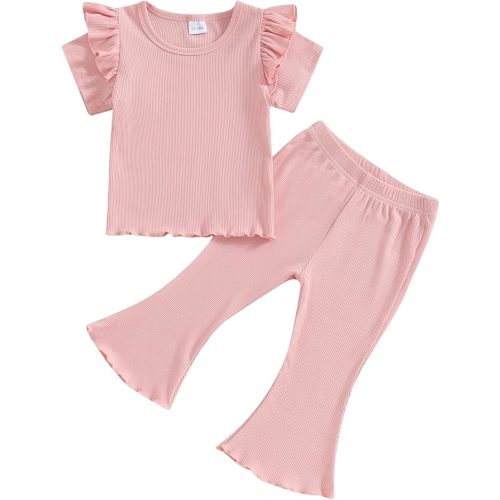 Kupretty Baby Girl Clothes Summer Solid Knit Ruffle Short Sleeve T-Shirt Tee & Flare Pants Set Toddler Bell-bottoms Outfit