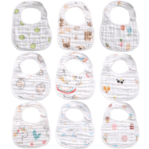 AWLYLNLL 9-Pack Muslin Drool Bibs for Baby Girls Boys, Adjustable Baby Bibs for Drooling and Teething, Soft Cotton Baby Bandana Bibs for Newborn Feeding Essentials