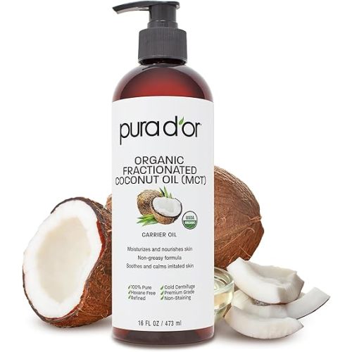 PURA D'OR 16 Oz ORGANIC Fractionated Coconut Oil - MCT Oil - 100% Pure & Natural USDA Certified Cold Pressed Carrier Oil - Unscented, Hexane Free Moisturizer For Face, Skin & Hair Tonic - Men & Women