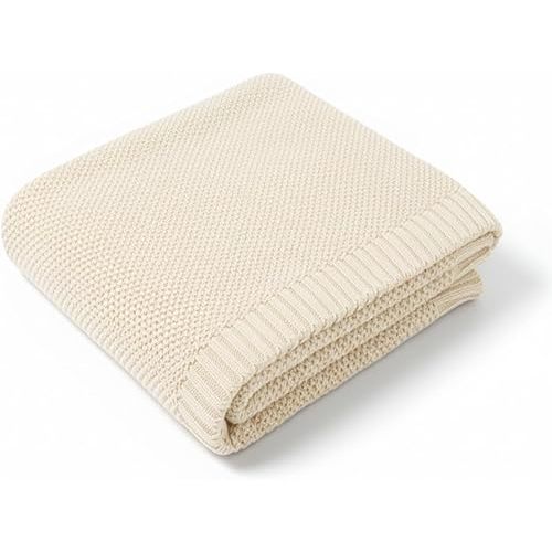 Baby Knit Blanket Soft Cotton Lightweight Newborn Blanket for Crib Stroller Toddler Nursery Shower Gift Cozy Breathable Travel Swaddle Wrap Cream 30 x 40 Inches