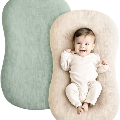Konssy Muslin Baby Lounger Cover 2 Pack, 100% Cotton Newborn Lounger Cover, Soft and Breathable Baby Nest Slipcover for Boys Girls (Green,Wheat)