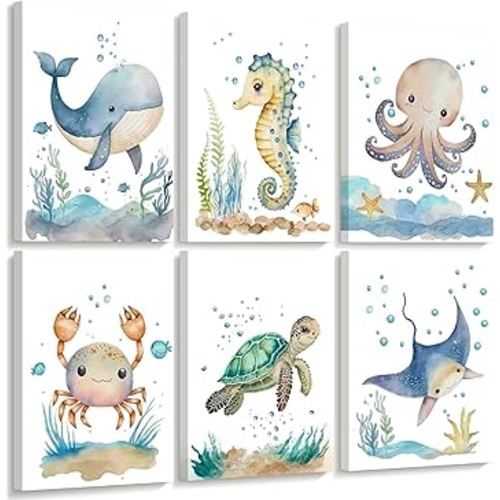 Nursery Sea Animal Wall Decor Set of 6 Ocean Watercolor Canvas Wall Art Baby Boys Room Wall Art Ocean Sea Animal Pictures Kids Girl Art Prints Nursery Artwork for Bedroom 8x10 Inch Framed