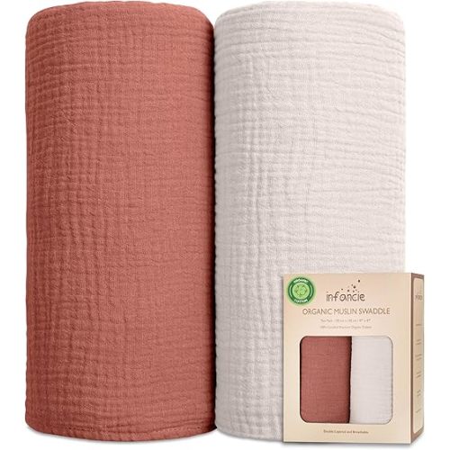 Organic Cotton Baby Muslin Blanket - Breathable, Large 47x47 inches for Baby Swaddle Blanket Hypoallergenic Muslin Baby Blankets, Versatile, Double Layer (Rust/Ivory)