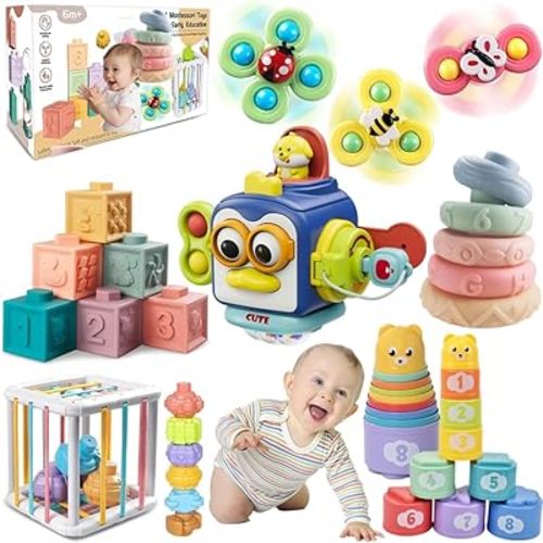 Baby Toys 6-12 Months, Montessori Toys for Toddlers 1-3 Year Old, Busy Cube Teether Infants Bath Toys 6 in 1 Stacking Blocks Rings, Suction Cup Spinner Toy, Shape Bin Sensory Toys. (0035)
