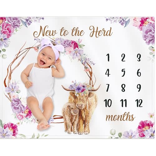 CraftyDream Highland Cow Baby Monthly Milestone 40 x 50'' Blanket Scotland Flower Prop Blanket for Baby Girl Highland Cow Newborn Infant Swaddle for Boys Girls Nursery
