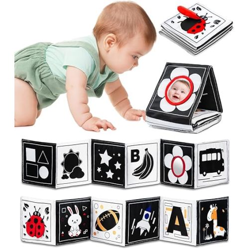 Infinno Black & White Baby Toys High Contrast Crinkle Cloth Activity Book, Infant Mirror Toys for Baby 0-6 Months, Newborn Sensory Tummy Time Toys for Infants, Baby Development Essential