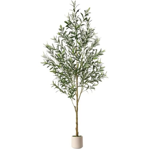 6FT Artificial Olive Trees, Faux Silk Plant with Lively Artifical Trunk and Lifelike Fruits, Indoor Fake Potted Tree with White Planter for Modern Home Office Living Room Decor