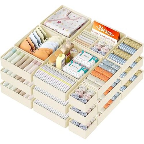 DIMJ Drawer Organizer Clothes, 26 Pack Dresser Organizer, Foldable Closet Organizers and Storage, Fabric Dresser Bins, Drawer Dividers for Nursery, Baby Clothes, Underwears, Sock (Beige)