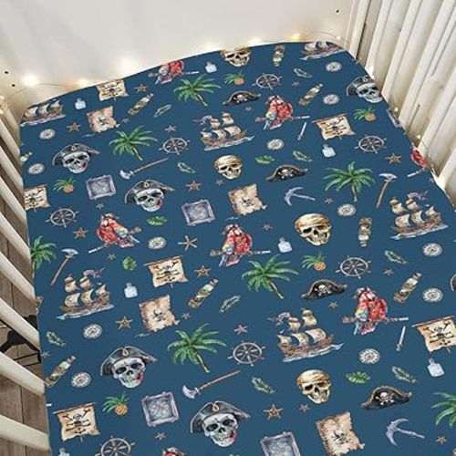 Pirate Baby Crib Sheets for Boy Girl 28"x52" Pirate Ships Sea Ocean Maps Compass Anchors Skull Treasure Soft Snug Fitted Crib Mattress Cover Marine Adventure Baby Sheet for Crib & Toddler Mattress