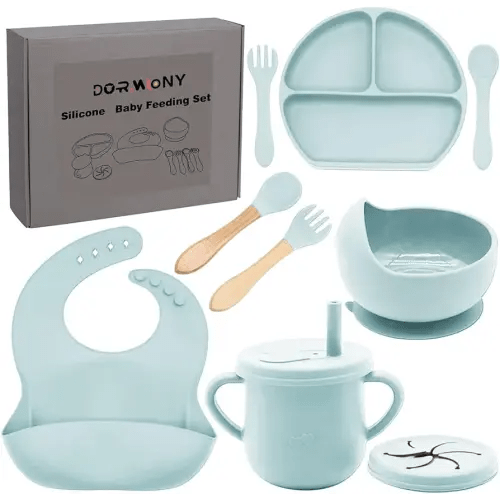 100% Silicone Baby Feeding Set,BPA Free Baby Dishes Set with Suction Bowl Divided Plate,Toddler Self Feeding Dish Set with Spoons Forks Sippy Cup and Bib, Baby Eating Utensils(Light Blue)