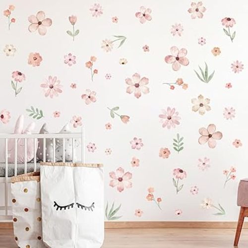 Boho Flower Wall Decals,Pink Watercolor Flower Wall Art,Wildflower Wall Decals,Girls Bedroom Removable Wall Decals,Nursery Kids Room Decor Vinyl Murals DIY Cute Decorations