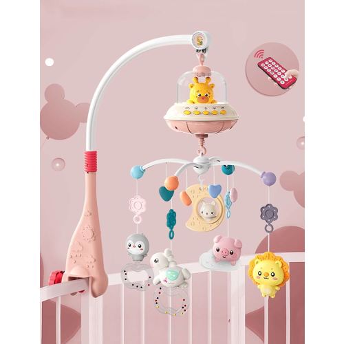 Baby Crib Mobile with Music and Lights, Baby Mobile for Crib with Remote Control, Hanging Rotating Animals Rattles, 16 Songs and Timing Function, Cartoon Baby Crib Toys (Pink Airship)