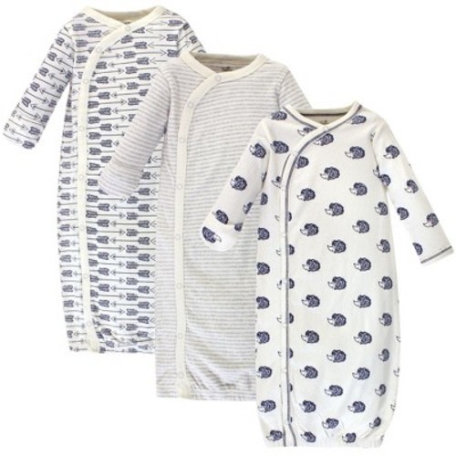 Touched by Nature Baby Organic Cotton Side-Closure Snap Long-Sleeve Gowns 3pk, Hedgehog, 0-6 Months