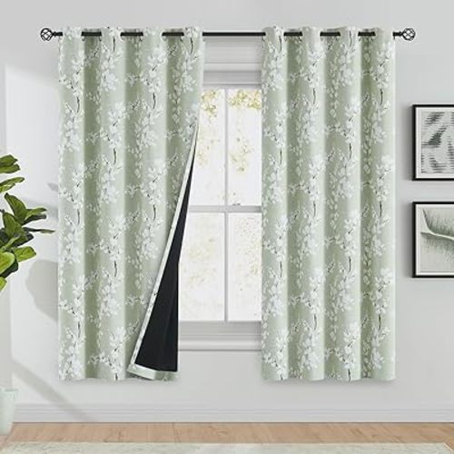 FMFUNCTEX 100% Blackout Floral Curtains for Bedroom, Sage Green Curtains 63 inch Length Blossom Patterned for Living Room, Thermal Insulated Farmhouse Drapes, Grommet Top 2 Panels (White on Green)