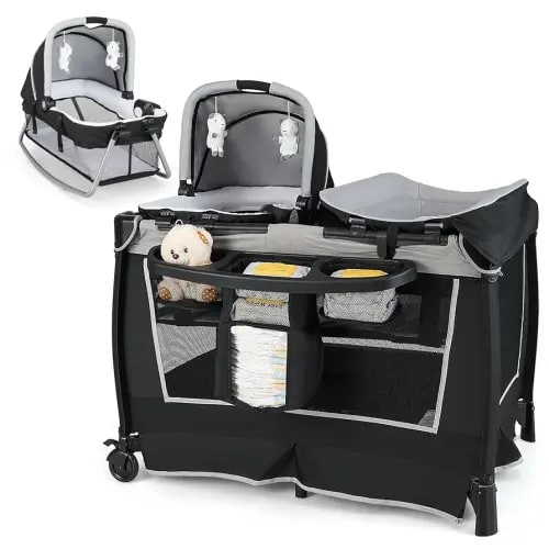 HONEY JOY Pack and Play, 5 in 1 Portable Infant Playpen with Bassinet & Changing Table, Storage Bag, Music Box, Toys, Carry Bag, Nursery Center, Baby Playard Pack n Play Crib for Boys Girls