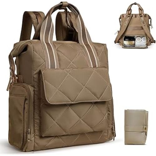Diaper Bag Backpack Quilted Baby Diaper Bag Lunch Backpack Pañaleras Para Bebe for Working Moms with 11 Pouches,Large Insulated Cooler Compartment,Stroller Straps,Changing Pad,Brown