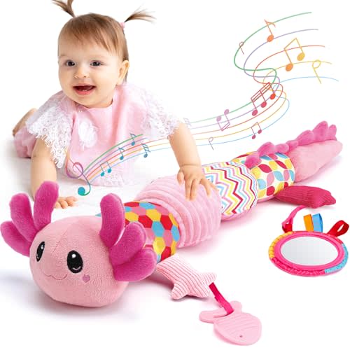 hahaland Tummy Time Toys for Babies 0-6 Months - Musical Axolotl Plush with Rattle, Teether, Mirror, Squeaky, Crinkle - Infant Toys 0-12 Months Baby Gifts