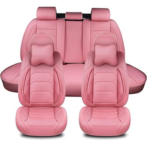 Pink Car Seat Covers Full Set, Breathable Leather Automotive Front and Rear Seat Covers & Headrest for Comfortable Driving, Universal Auto Interior Fit for Most Kinds of Vehicles