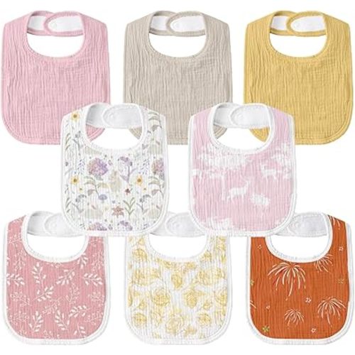 GLLQUEN BABY Muslin Drool Bibs for Boys Girls 8 Pack, Adjustable Baby Bibs for Drooling and Teething, Soft Cotton Baby Bandana Bibs for Newborn Feeding Essentials(Flower)