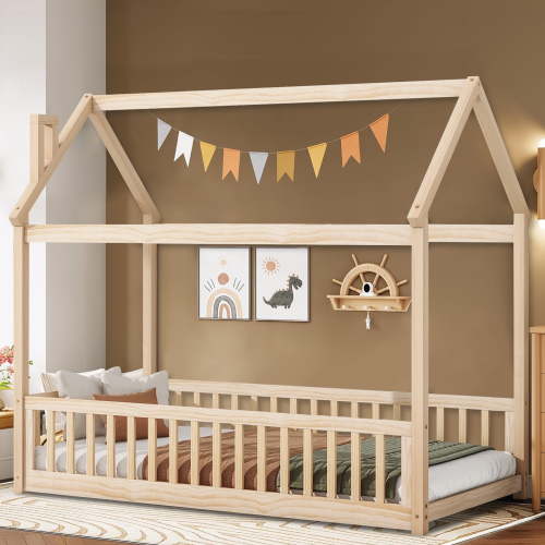 ENYOPRO House Bed with Fence,Solid Wood House Bed,Floor Bed Frame,Twin Canopy Bed for Bedroom, No Box Spring Needed (Natural)