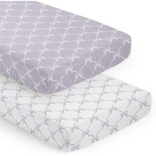 Sweet Jojo Designs 2-Piece Baby Crib Sheets Set (Purple and White Bows) for Girls, Infant Nursery, Toddler Room - Fitted, Standard Size (Lavender Bow for Shabby, Ballet, Ballerina Princess Collection)