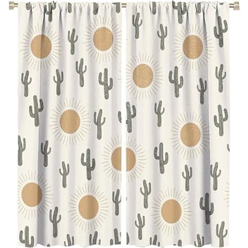 Cactus Curtain Boho Rustic Sun Cactus Pattern Blackout Print Rod Pocket Window Drapes for Bedroom Living Room 42x45in