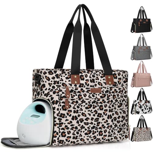 Pritent Diaper Bag Tote for Working Mom, Large Travel Diaper Tote for Mom and Dad with 15 Inch Laptop Sleeve, Mommy Maternity Travel Baby Bag for Boys and Girls, Leopard