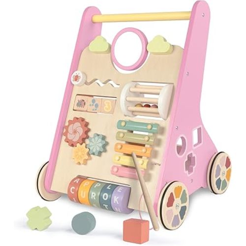 LOL-FUN Wooden Baby Walker With Wheels for Girls 12 Months - Pink Push Toy for 1 Year Old Walking