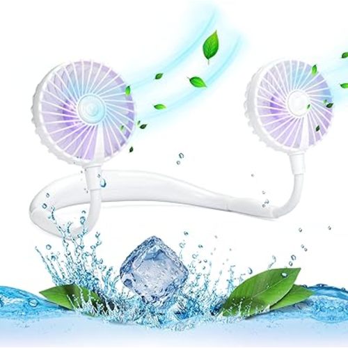 VAGAU Portable Cooling Neck Fan, Rechargeable USB Personal Neck Fan with Colorful LED lights, 360° Rotation for Office Travel Sport, 3 Adjustable Speeds