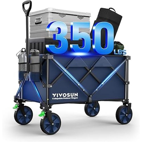 VIVOSUN Collapsible Folding Wagon, 350 lb Load-Bearing Outdoor Utility Cart with Silent Universal Wheels, Cup Holders &Side Pockets, Adjustable Handle, for Camping, Garden, Sports, Picnic, Shopping