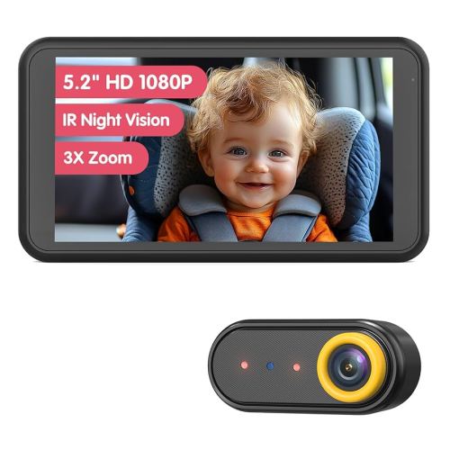 BM2A Baby Car Camera, Night Vision & 5.2" 1080P Display for Rear-Facing Car Seats, Easy No-Damage Install, Patented Anti-Shake Mount – Ideal for Parents and Pet Owners