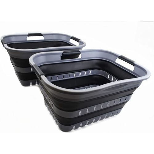 SAMMART Set of 2-30L (8 gallon) Collapsible Plastic Laundry Basket - Foldable Pop Up Storage Container/Organizer - Space Saving Hamper/Basket (2, Grey/Black)