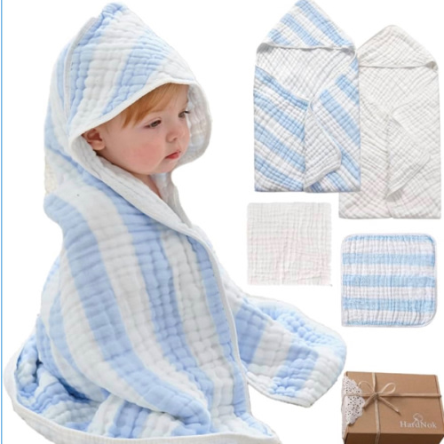 Muslin Hooded Baby Towel 4 Pack, Preuim Muslin 6 Layers Natural Cotton Baby Bath Towels, Soft and Comfortable for Boys,Girls (32 x 32, Blue Striped and White)
