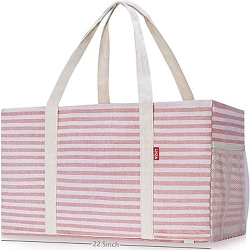 LHZK Standing Extra Large Utility Tote Bag with Metal Wire Frame and the Sides Rinforced, Extra Large Tote Bag with Handle, Reusable Grocery Bags Foldable, Beach Bag, Car Tote (Pink)