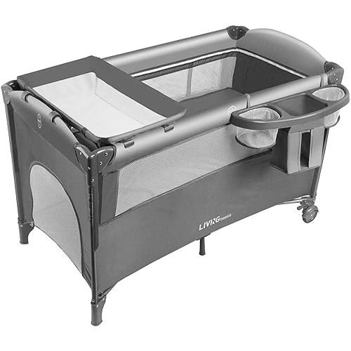 LIVINGbasics 4 in 1 Baby Playard, Foldable Baby Bassinet Beside Sleeper with Diaper Changing Table for Home/Travel/Outdoor, Height Adjustable