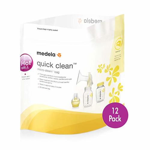 Medela Quick Clean Micro-Steam Bags, 12Count Sterilizing Bags for Bottles & Breast Pump Parts, Eliminates 99.9% of Common Bacteria & Germs, Disinfects Most Breastpump Accessories - 12 Pack