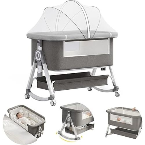 4 in 1 Baby Bassinet, Rocking Bassinets Bedside Sleeper with Comfy Mattress and Wheels, 6 Height Adjustable Easy Folding Portable Bedside Crib for Newborn Infant