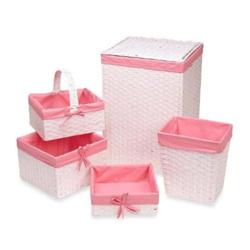 Hamper & Basket Set, White & Pink - 5 Piece
