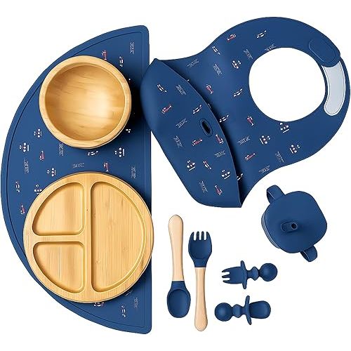 Bamboo Baby Feeding Set for Infants & Toddlers - Baby Essentials, Non-Toxic, Sustainable, Bamboo Suction Plate & Bowl, Bib, Sippy Cup w/Lid & Straw, Perfect Baby Shower Gifts (Midnight Blue)