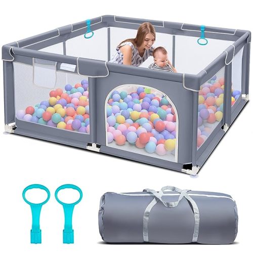 Suposeu Baby Playpen, Large Indoor and Outdoor Playard, Play Pens for Kids Activity Center, Sturdy Safety Baby Fence with Soft Breathable Mesh for Toddler (50 Inch×50 Inch, Grey) - 50”×50”