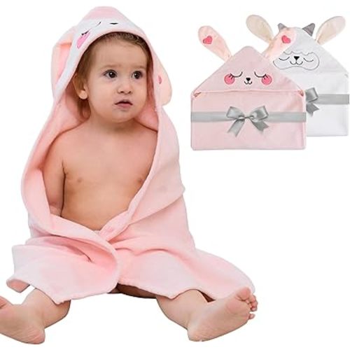 Mooreeke 2 Pack Toddler Towels - 100% Cotton Toddler Hooded Towels - Soft Baby Bath Towel with Hood for Newborn - Comfort Towel for Baby Girls and Boys - Animal Shaped (Lamb & Bunny)