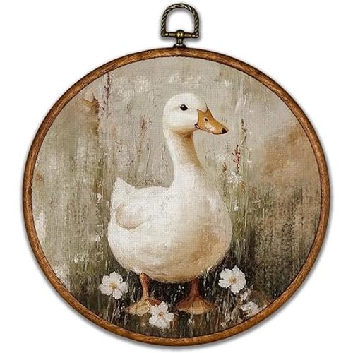 BCUANGD Retro Duck Round Wall Art Decor - Vintage Antique Flower Wall Art Canvas Frame Artwork Prints, Rustic Cottagecore Nature Round Wall Hanging Decorations for Home Farmhouse, 10"x10"