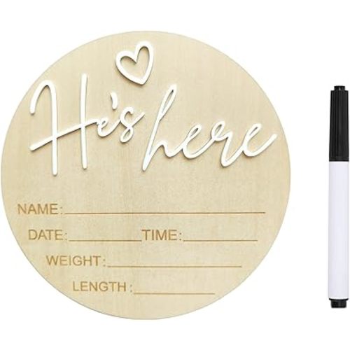 Baby Announcement Sign, ​5.9 Inch Wooden Hello World Newborn Signs, Birth Announcement Sign, Gender Reveal Signs, He's here Decoration, Welcome Newborn Arrival To World (He's,White-A)