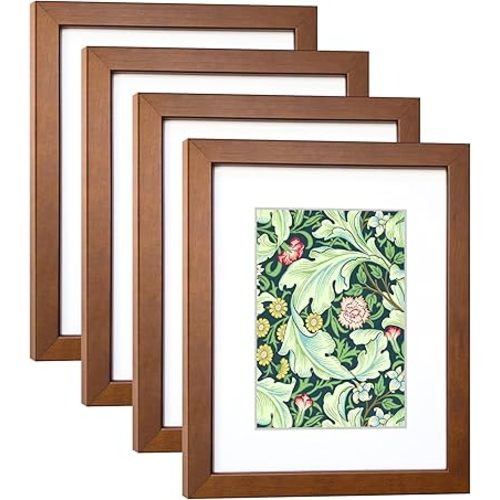 11x14 Picture Frame Set of 4 Made of Solid Wood with Real Glass for Pictures 8x10 with Mat or 11x14 Without Mat, Wall Mount or Tabletop Gallery Photo Frames, Brown