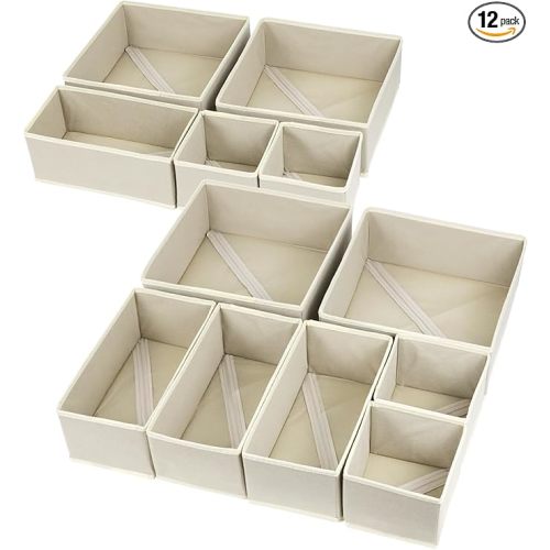 12 Pack Drawer Organizers, Drawer Dividers Storage Bins, Foldable Drawer Organizers for Clothing, Cloth Clothes Drawer Organizer for Underwear,Folded Clothes,Baby Clothing,Socks,Bra,Towels,Ties - Beige