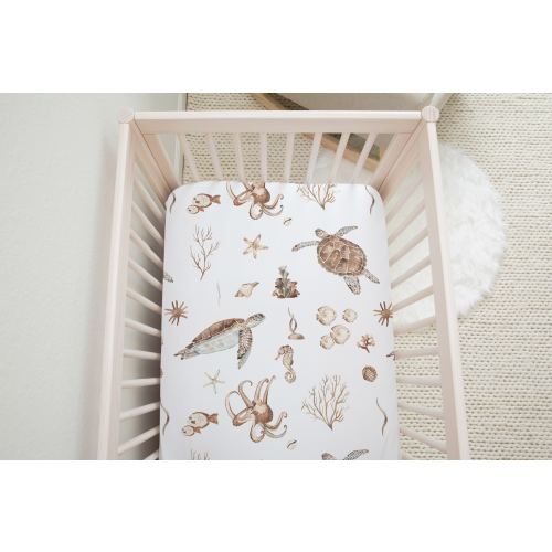 Under The Sea Crib Sheet, Earth Tones, Ocean Nursery Bedding, Turtles Crib Sheet, Ocean Baby Gift, Baby Boy Fitted Crib Sheet - Deep Ocean